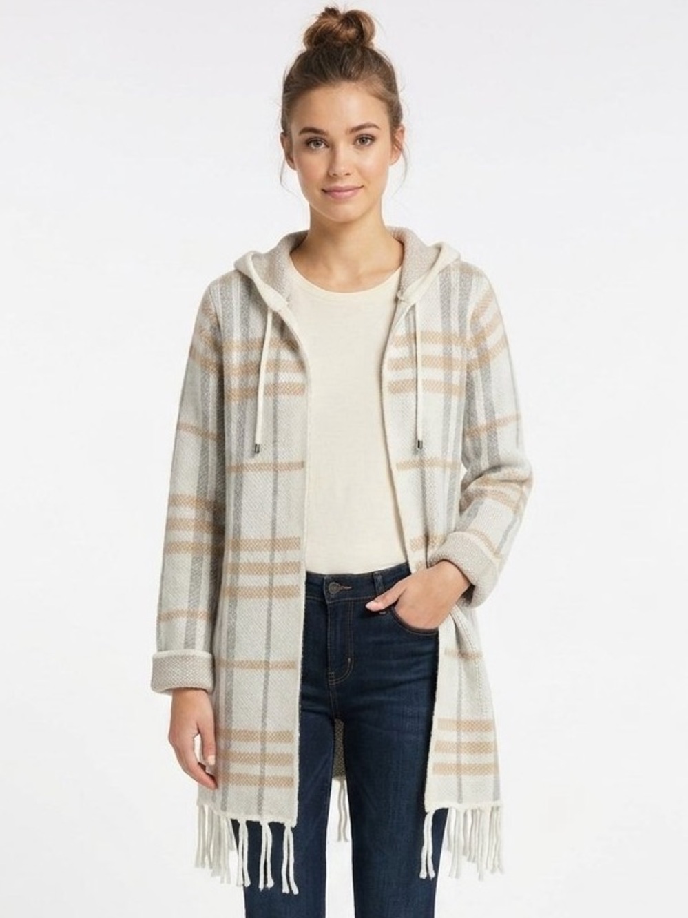 Adrienne Vittadini Plaid Hooded Open Front Fringe Cardigan Sweater